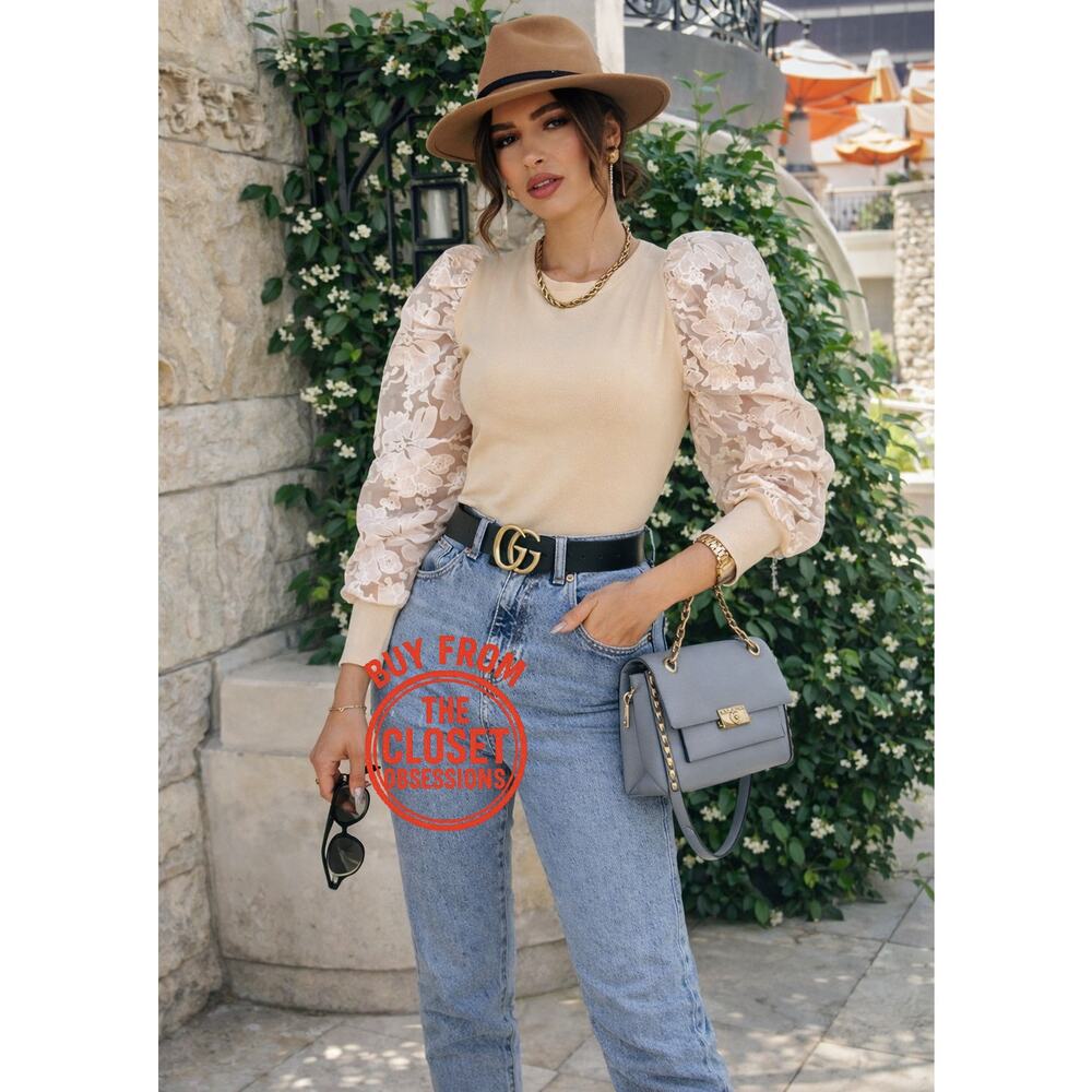 ZARA Beige Knit Sweater Top NWT Floral Lace Puff Sleeve Romantic Blouse L - Picture 5 of 16
